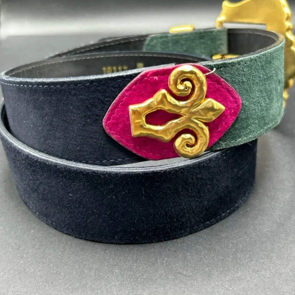 VTG‎ 80s-90s Doncaster Green Navy Pink Suede Leather Gold Women's Belt 40”